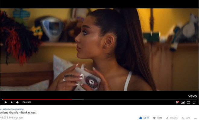 Sau 21 tiếng ra mắt, MV Thank U, Next đã vượt mặt Idol của nhóm nhạc BTS. Sau 21 tiếng ra mắt, MV Thank U, Next đã vượt mặt Idol của nhóm nhạc BTS.