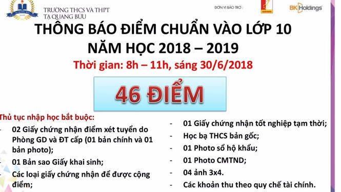 Điểm chuẩn được công bố theo buổi của Trường THCS và THPT Tạ Quang Bửu .ẢNH T.N