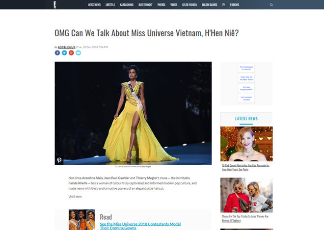Bài viết mới đăng tải lại một lần nữa thổi bùng sự chú ý của người hâm mộ sắc đẹp về một cô gái cá tính, quyến rũ và có câu chuyện đầy cảm hứng tại Hoa hậu Hoàn vũ 2018. ẢNH: CHỤP MÀN HÌNH E!NEWS.