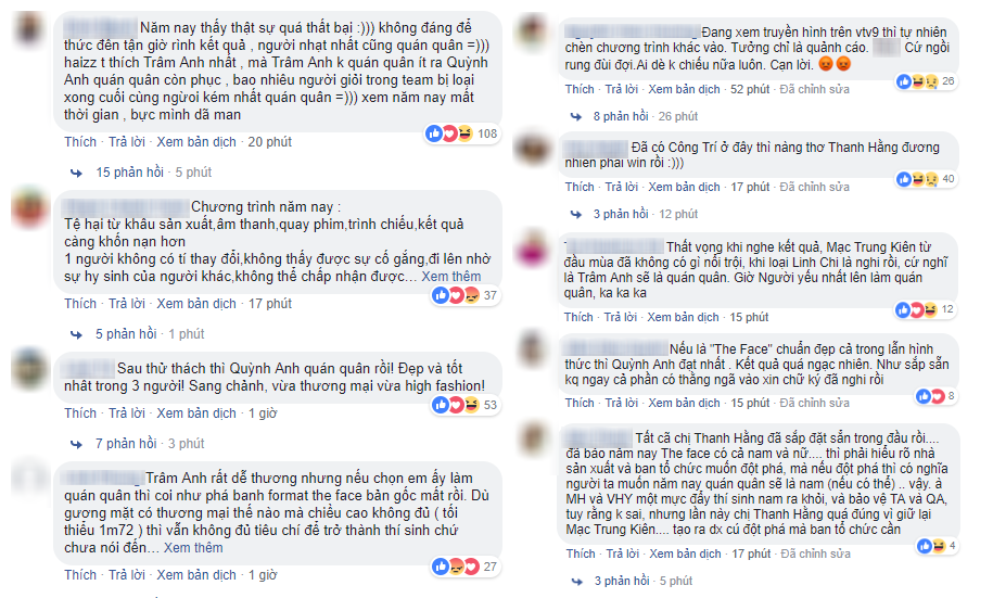 Bình luận của khán giả trên fanpage của chương trình sau đêm chung kết.