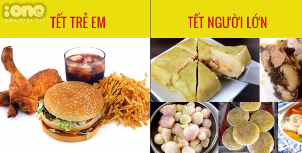 Cách biệt hai thế hệ còn thể hiện qua món ăn. Trong khi người lớn chọn hương vị truyền thống như bánh chưng, củ kiệu... thì con nít chỉ muốn bánh pizza, gà rán, khoai tây chiên...