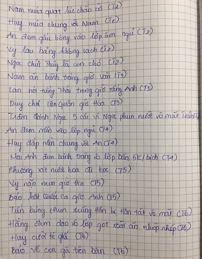 Một sớ dài ghi đầy đủ mọi tội danh của các thành viên trong lớp. (Nguồn: Thúy Vy/Group Trường Người Ta)
