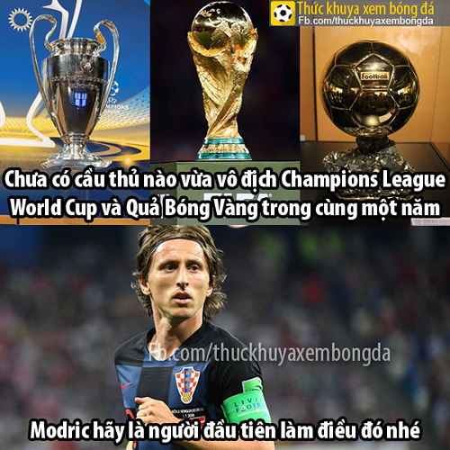 Luka Modric có thể trở thành cầu thủ đầu tiên giành được 3 danh hiệu cao quý nhất của bóng đá trong một năm là Champions League, World Cup và Quả bóng Vàng. (Ảnh: thuckhuyaxembongda).