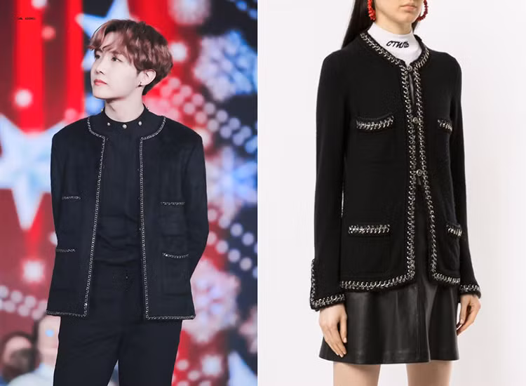 Mẫu áo khoác này cũng của Chanel được J-Hope diện cùng set đồ tông đen chủ đạo.