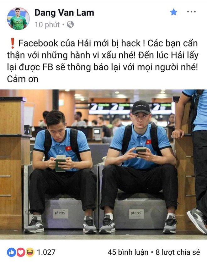 Đặng Văn Lâm gây xôn xao khi thông báo tài khoản của Quế Ngọc Hải vừa bị hack. Ảnh chụp màn hình. Đặng Văn Lâm gây xôn xao khi thông báo tài khoản của Quế Ngọc Hải vừa bị hack. Ảnh chụp màn hình.