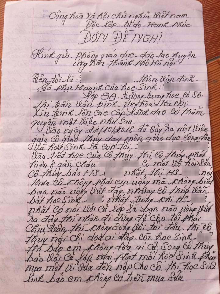 Phụ huynh của em T.T.N.L cho biết đã gửi đơn kiến nghị lên phòng GD-ĐT nhưng chưa có hồi âm. Ảnh: FBNV