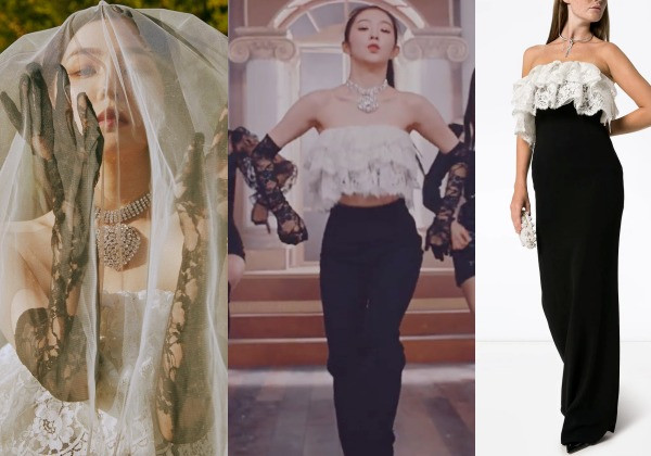 Chiếc váy của Alessandra Rich có giá gần 50 triệu đồng được stylist cắt tạo thành áo crop trop, quần ống rộng. Thay đổi nhỏ nhưng giúp che nhược điểm hình thể của Irene.