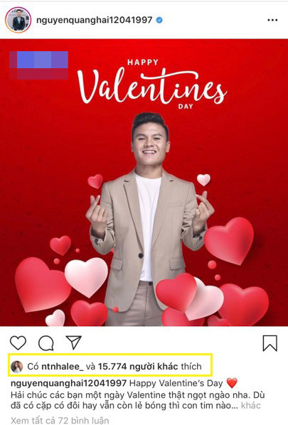 Nhật Lê công khai like hình Quang Hải đúng ngày Valentine.