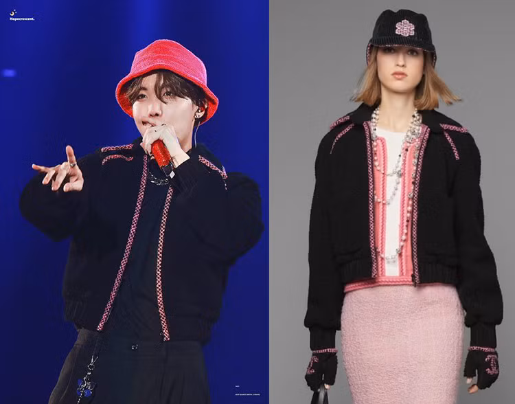 J-Hope cũng ưa chuộng các mẫu áo khoác nữ khi xuất hiện trên sân khấu. Item màu đen với đường viền hồng nổi bật được anh chàng phối cực khéo với mũ cùng tông.