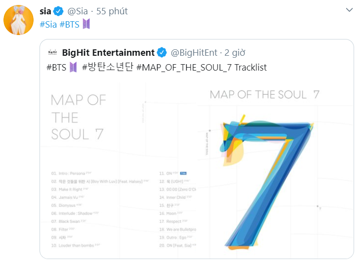 Sia đã retweet lại bài đăng công bố tracklist của Big Hit như một lời xác nhận sự hợp tác với BTS.