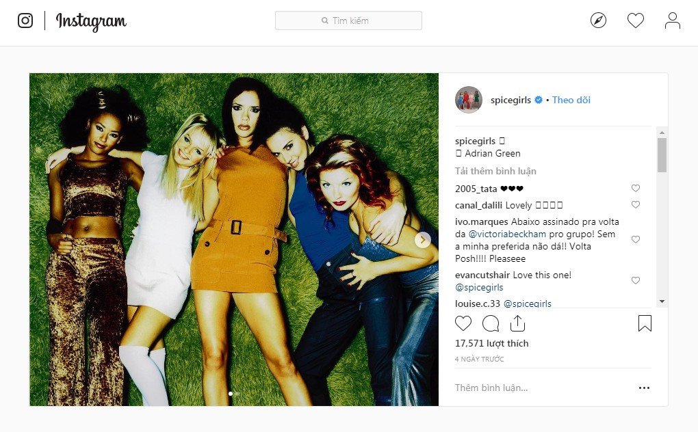 Bức hình từ năm 1997 của nhóm đã được The Spice Girls đăng tải trên Instagram của họ.