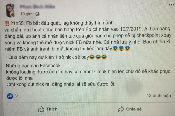 Thông tin giả được phát tán về việc Facebook đang có chiến dịch rà quét nhằm chấm dứt hoạt động bán hàng online. (Ảnh: Trọng Đạt) Thông tin giả được phát tán về việc Facebook đang có chiến dịch rà quét nhằm chấm dứt hoạt động bán hàng online. (Ảnh: Trọng Đạt)