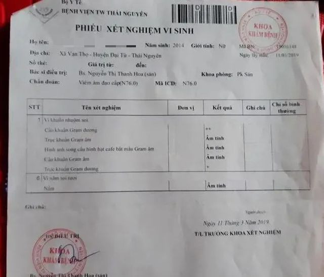 Phiếu xét nghiệm vi sinh của cháu Y.