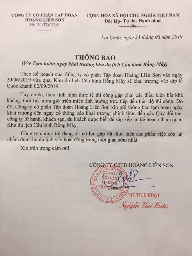 Thông báo chính thức từ công ty xây dựng.