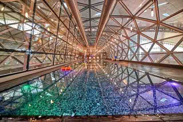 Một bể bơi kính đặc biệt nằm trong khuôn viên của sân bay quốc tế Hamad, Doha.