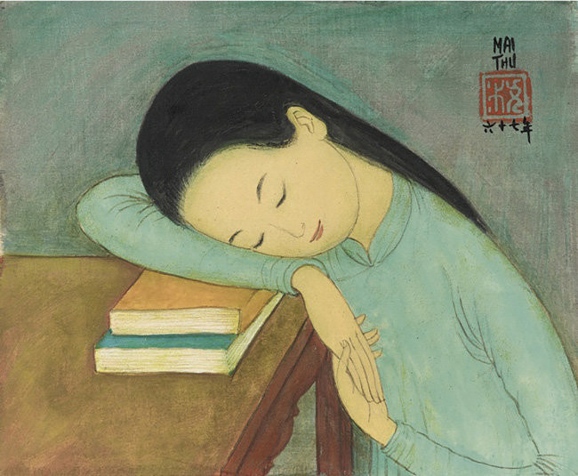 Bức “Thiếu nữ ngủ” với hình ảnh nhân vật đang tựa đầu trên quyển sách cũng được dân mạng chế thành những sĩ tử mệt mỏi khi ôn thi, học hành. (Ảnh: Wikipedia/Pinterest)