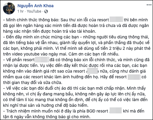 Thông tin mới nhất về sự việc được anh Khoa đăng tải trên trang cá nhân của mình.