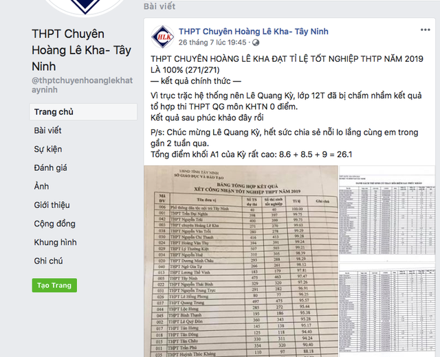 Kết quả phúc khảo của Kỳ được công bố là niềm vui cho cả trường THPT chuyên Hoàng Lê Kha (Tây Ninh)