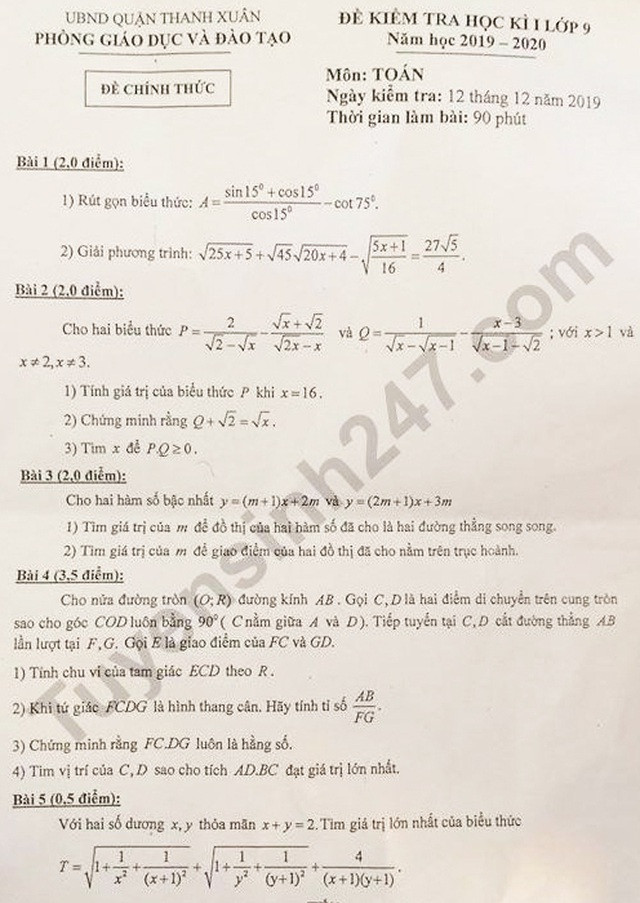 Đề thi Toán lớp 9 của quận Thanh Xuân, Hà Nội.