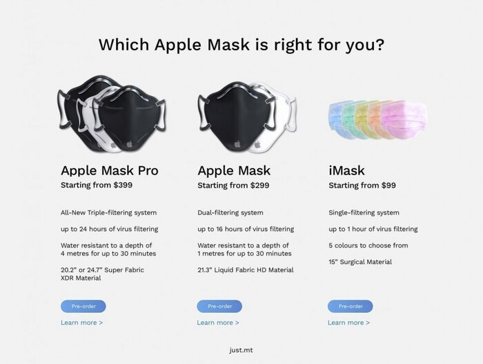 Người dùng có thể lựa chọn 3 phiên bản khẩu trang khác nhau gồm: iMask, Apple Mask và Apple Mask Pro. (Ảnh: Justin Ciappara)
