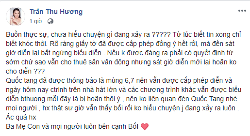 Dòng trạng thái của vợ ca sĩ Tuấn Hưng.