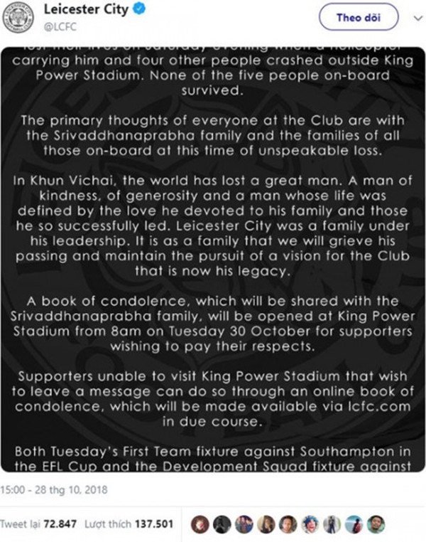 Leicester City xác nhận Chủ tịch Vichai thiệt mạng trong vụ tai nạn máy bay.