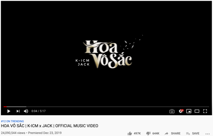 “Thành tích” không ai muốn mà MV “Hoa vô sắc” của K-ICM và Jack bất ngờ đạt được. (Ảnh chụp màn hình)