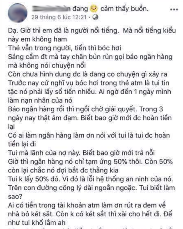 Một khách hàng rủi ro khác khi bị mất tiền trong tài khoản một cách khó hiểu.