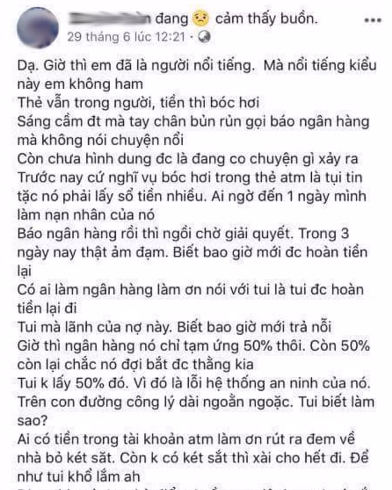 Một khách hàng rủi ro khác khi bị mất tiền trong tài khoản một cách khó hiểu.