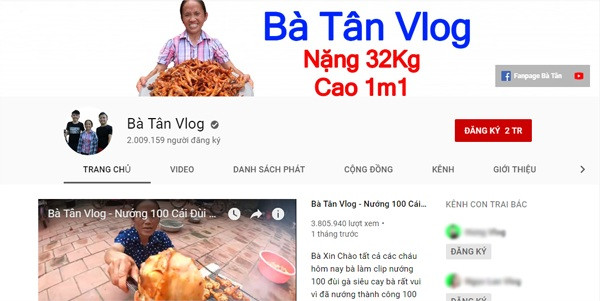 Kênh Youtube bà Tân Vlog đạt hơn 2 triệu lượt sub chỉ sau thời gian ngắn hoạt động.