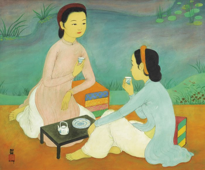 Bức ảnh chế hai chị em "cà khịa" nhau đang gây sốt mạng xã hội được lấy từ tác phẩm “Thưởng trà” của danh họa. Thậm chí, bức ảnh này còn trở thành ý tưởng để dựng nên quảng cáo cho nhãn hàng tại Việt Nam. (Ảnh: Wikipedia/Pinterest)