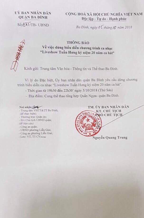 Thông báo hỏa tốc của UBND Quận Ba Đình (Hà Nội) về việc hoãn show diễn của Tuấn Hưng.