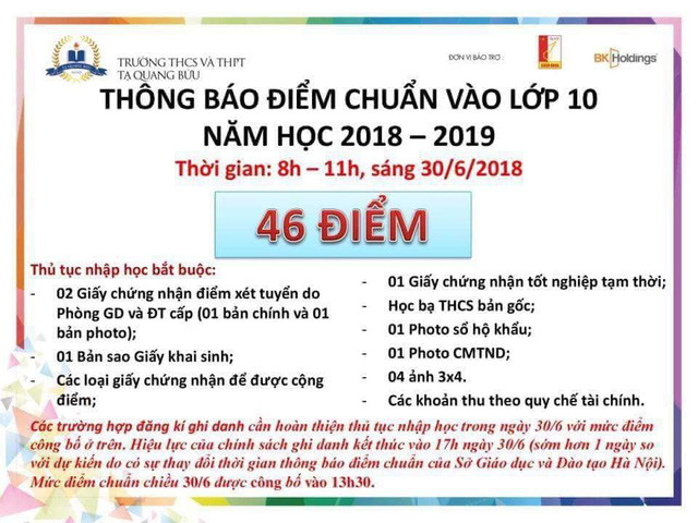 Thông báo của Trường THCS & THPT Tạ Quang Bửu sáng 30/6.