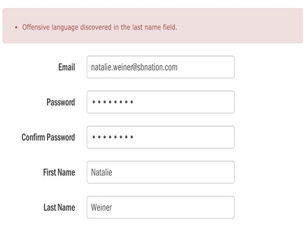 Thông báo không cho Natalie Weiner tạo tài khoản.