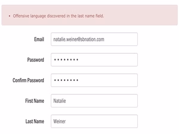 Thông báo không cho Natalie Weiner tạo tài khoản.