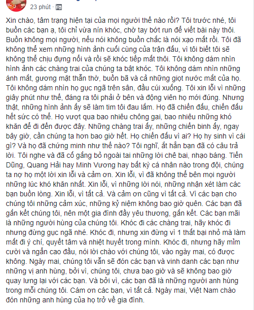 Những dòng nhắn nhủ cảm động trước tinh thần chiến đấu của đội tuyển quốc gia.