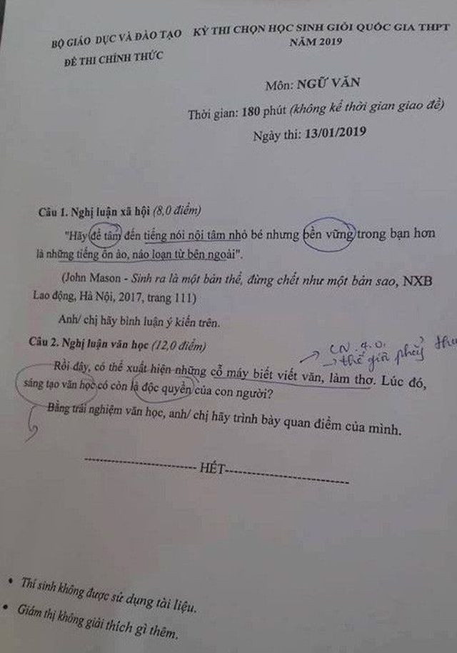 Đề thi học sinh giỏi quốc gia THPT môn Ngữ Văn năm 2019.