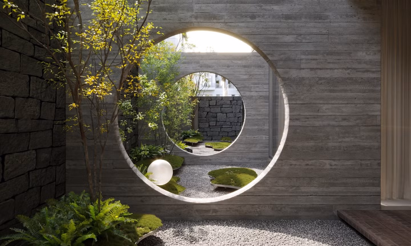 Thiết kế sân vườn villa thú vị với cổng vòm và cây xanh lơ lửng 