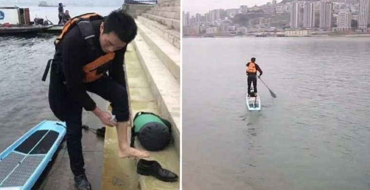 Mệt mỏi vì tắc đường, chàng trai hàng ngày chèo ván qua sông đi làm