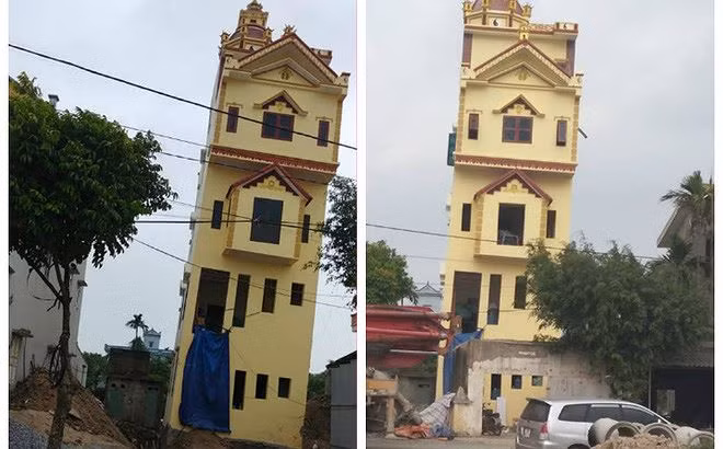 Cận cảnh nhà 5 tầng ở Hà Nam nghiêng như tháp Pisa