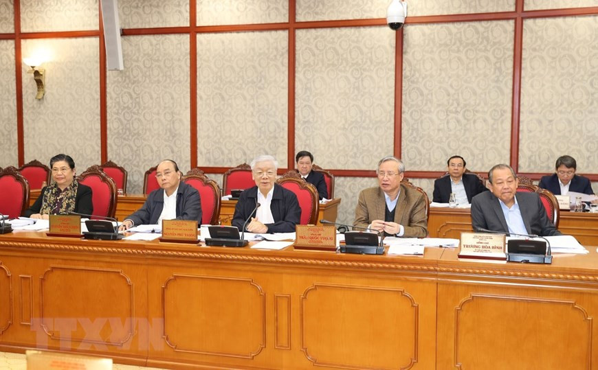 Tổng Bí thư, Chủ tịch nước Nguyễn Phú Trọng chủ trì họp Bộ Chính trị. Ảnh TTXVN