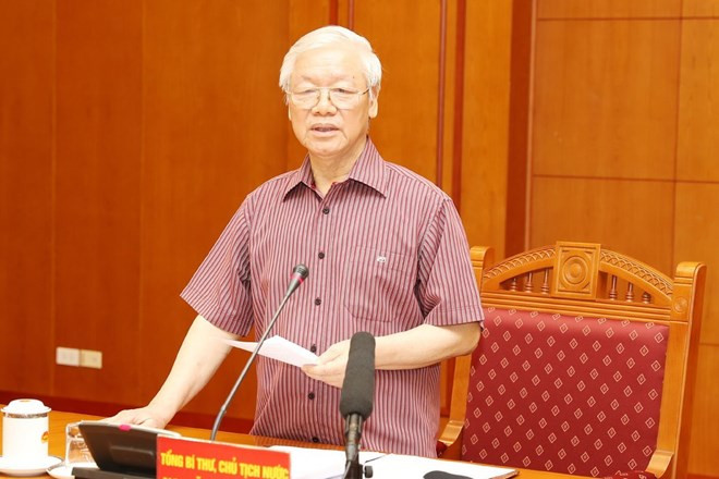 Tổng Bí thư, Chủ tịch nước Nguyễn Phú Trọng phát biểu tại cuộc họp. (ảnh TTXVN)