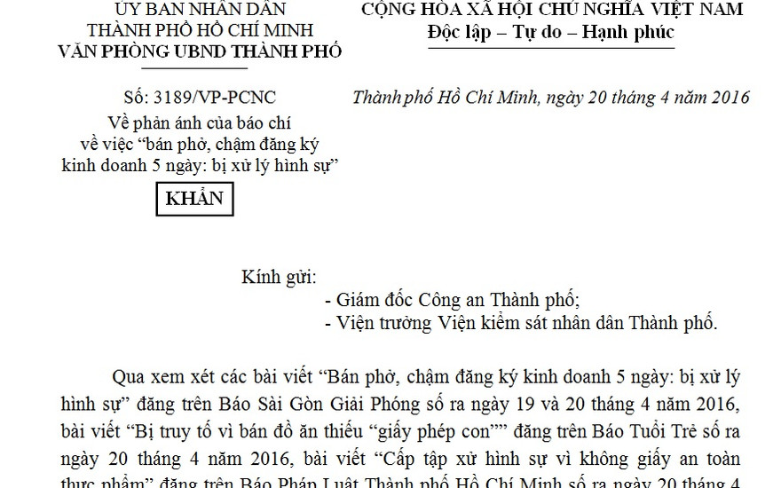 Văn bản khẩn của Phó Chủ tịch UBND TPHCM Lê Thanh Liêm chỉ đạo giải quyết dứt điểm vụ việc “Bán phở, chậm đăng ký kinh doanh 5 ngày: bị xử lý hình sự”. Ảnh: Phương Dy.