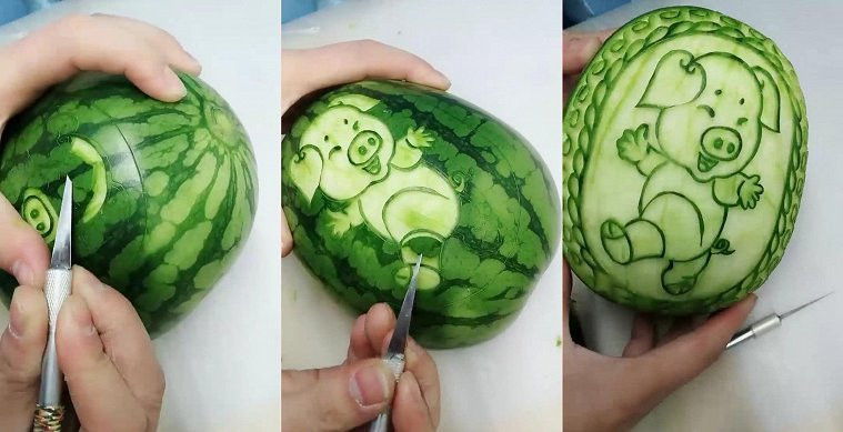 Clip: Khắc tỉa hình lợn trên dưa hấu đẹp mê ly 