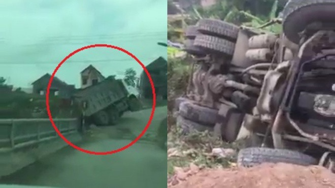 Xe ben mất phanh tụt xuống dốc rồi lật ngang