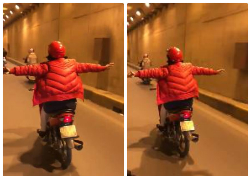 Phụ nữ lái xe máy buông cả 2 tay khiến người đi đường khiếp sợ