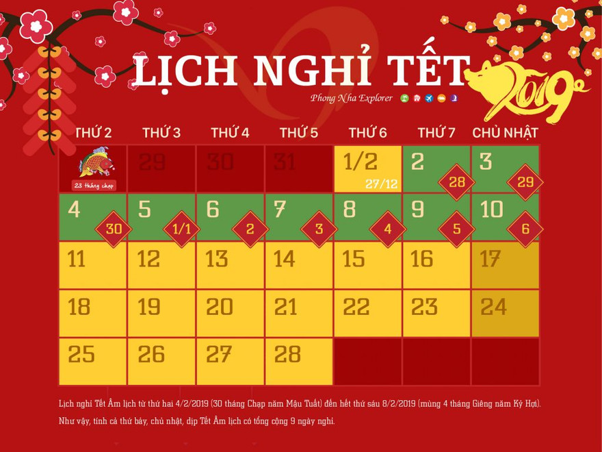 Chi tiết lịch nghỉ Tết Nguyên Đán Kỷ Hợi 2019