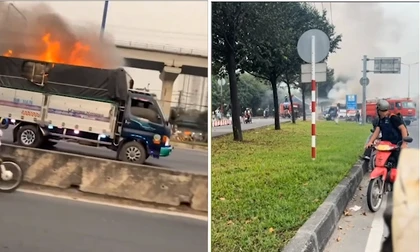 Tài xế lái xe tải đang cháy ngùn ngụt đi thẳng vào trụ sở PCCC cầu cứu