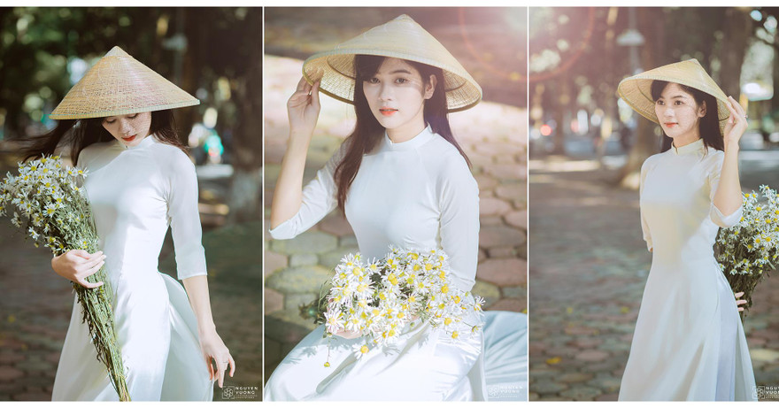 Thiếu nữ Hà thành thướt tha tà áo dài bên cúc hoạ mi