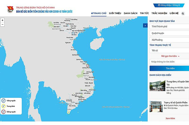 Giao diện “Bản đồ các điểm tiêm chủng vắc xin COVID-19 toàn quốc”. Hoạt động tại địa chỉ bandotiemchung.doanthanhnien.vn. 